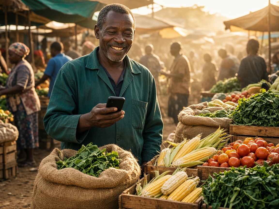 A farmer smiling at a market stall full of maize, tomatoes and greens, checking prices on his phone
